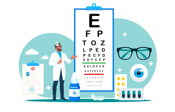 Ophthalmologist doctor eyesight check up. Eye test procedure and prescription glasses. Ophthalmology medical with glasses, eye examination, eye drop. Flat vector illustration.