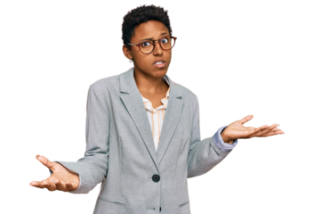 Young african american woman wearing business clothes clueless and confused with open arms, no idea concept.