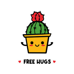 Free hugs. Vector colorful doodle illustration with happy and smiling cacti, cactus character.
