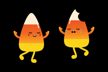 Couple of cartoon style candy corn, halloween sweets characters cute and smiling and sad and crying.
