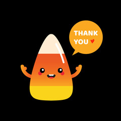 Cute and smiling cartoon style candy corn character with speech bubble saying thank you, showing appreciation.
