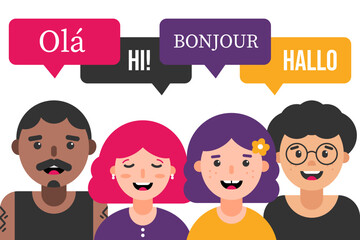 Group of people saying hello in different languages. International language school, courses, education concept.  © cosmic_pony
