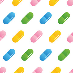 Colorful cartoon style pills, medications, food supplements vector seamless pattern background for healthcare design.

