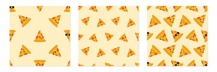 Set, collection of three vector seamless pattern background with pizza slice characters for fast food design.
- 532944563