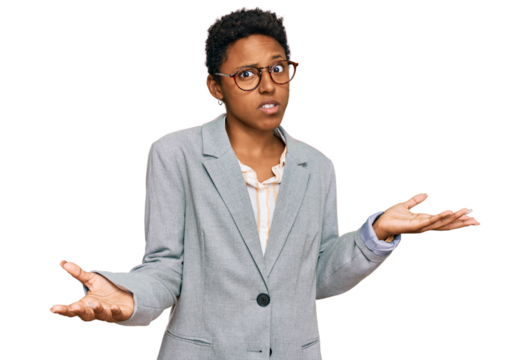 Young african american woman wearing business clothes clueless and confused with open arms, no idea concept.
