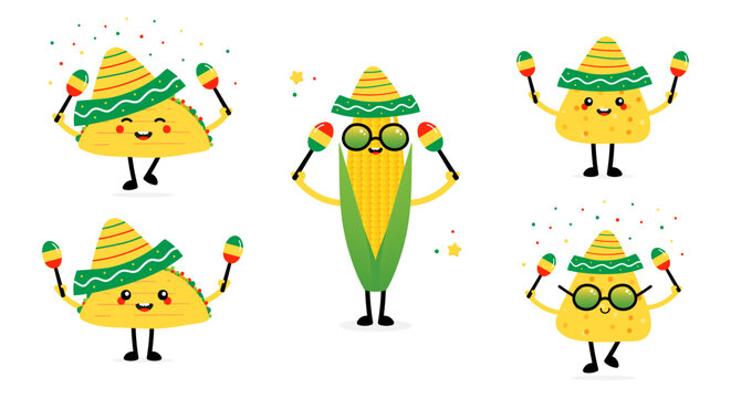 Set, collection of cute cartoon style nacho chips, taco, corn characters dancing with maracas, wearing sombrero. Holiday or event celebration.
