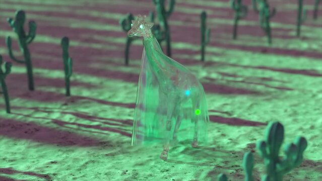 Beautiful diamond giraffe in a shiny cape walks through the desert. Turquoise filter. Cacti on the background.
