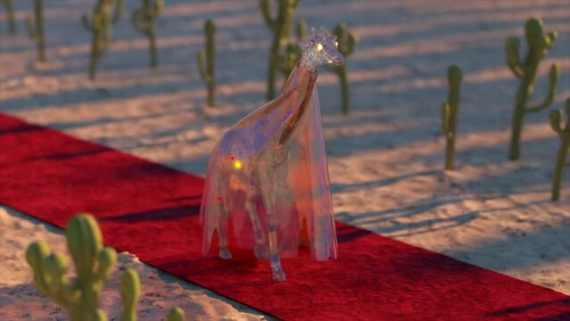 An elegant diamond giraffe in a sparkling robe walks the red carpet. Fashion. Demonstration of clothes. 3d animation