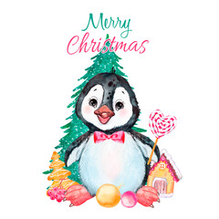 Penguin baby illustration, watercolor drawing, cute baby print, funny penguin, Christmas tree, inscription Merry Christmas