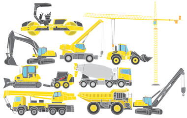 Big set of construction equipment. Special machines for construction work. Loaders, cranes, excavators, bulldozers, trucks. Special equipment. Road repair. Construction. Commercial vehicles.