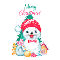 Little seal illustration, watercolor drawing, cute childish print, cheerful seal, Christmas tree, Merry Christmas lettering
