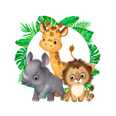 Obraz na płótnie Canvas Safari animals print, baby animals illustration, African animals, cute baby animals, rhinoceros, giraffe, lion
