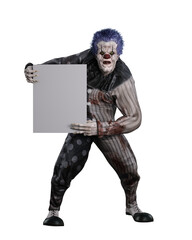 Scary clown holding blank notice. 3D illustration mock up sign for Halloween event poster.