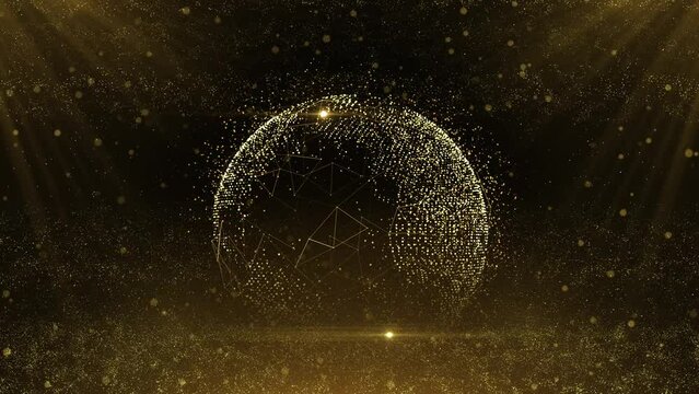 Glittering Gold particles and dust around the planet earth. plexus globe concept with animated golden particles 