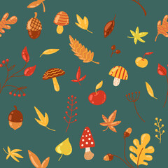 Autumn seamless pattern with leaves, cones, acorns, apples and mushrooms