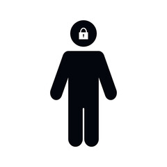 Person icon with lock. Personal data protection and privacy - characted and person is protected by lock. Hidden and secret personality. 