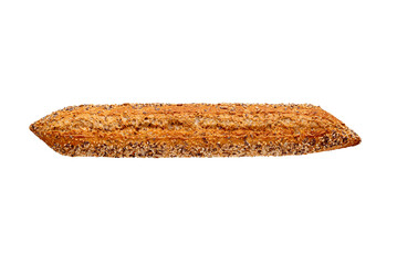 Top shot photo of a fresh crusty baguette with sesame, flax and sunflower seeds isolated on a a white background