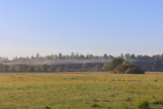 Clouds Of Fog On A Sunny Morning Over The Meadows In Siebenbrunn Near Augsburg