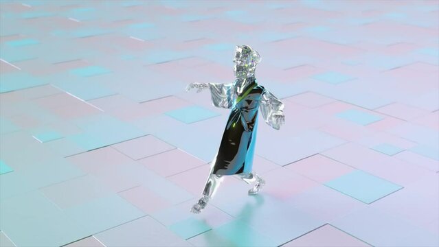 Abstract concept. A diamond monkey in shiny clothes walks slowly across the tiles. Blue pink color. Sneaking 
