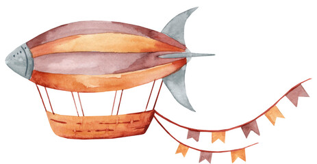 Airship. watercolor retro illustration for kids on white background
