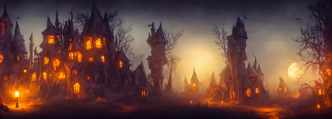 Naklejka premium Halloween background. Witch hut. Banner size. 3d