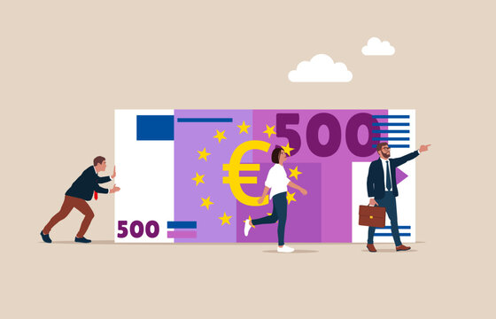 Business team pulling large euro bill. Business financial concept. Flat cartoon vector illustration.