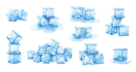 Ice Cubes SetIce cubes set vector illustration. Cartoon isolated transparent frozen water from freeze, blue crystal pieces of square shape melt with clear drops, stack of iced cubes for cocktails and 