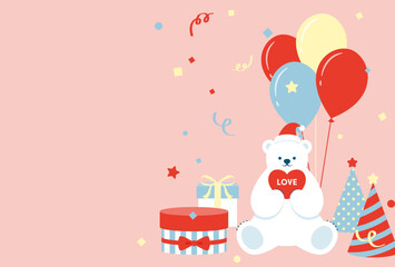 Christmas party vector background with polar bear, gift boxes and balloons for banners, cards, flyers, social media wallpapers, etc.