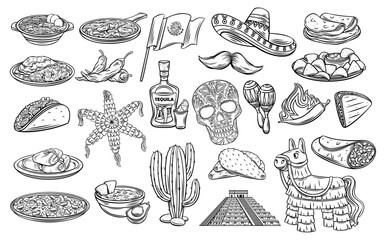 Cinco de Mayo outline icons set vector illustration. Mexican carnival decoration collection with hand drawn food from Mexico, sombrero hat and pinata, cactus and decorative skull, maracas for party