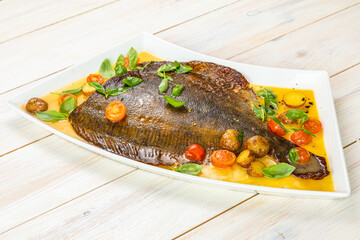 sea delicacy, sea food, fried flounder with vegetables