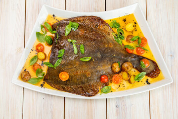 sea delicacy, sea food, fried flounder with vegetables