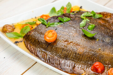 sea delicacy, sea food, fried flounder with vegetables