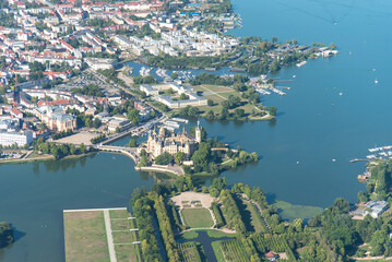 Aerial panorama flight over the city of schwerin germany
