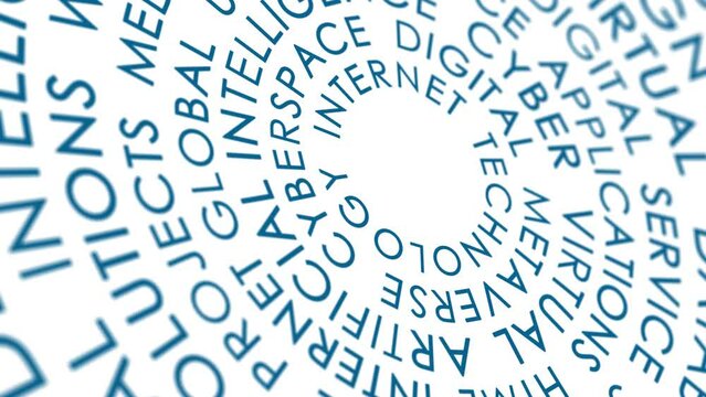 Digital metaverse cyberspace circle word cloud looped animation background.	
