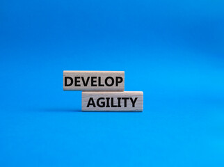 Develop agility symbol. Concept word Develop agility on wooden blocks. Beautiful blue background. Business and Develop agility concept. Copy space