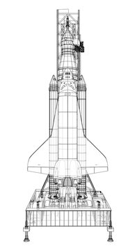Space Rocket on launch pad. Vector rendering of 3d