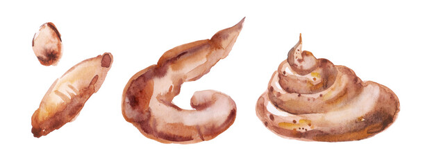 Set of hand drawn color sketches shit different variations isolated on white background. Big collection cartoon doodle funny silhouettes poop. Watercolor elements.