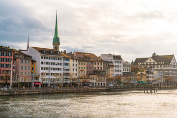 Cityscape of Zurichsee from Bahnhofbr&uuml;cke near Bahnhofstrasse during autumn , winter sunny day  : Zurich , Switzerland : December 6 , 2019