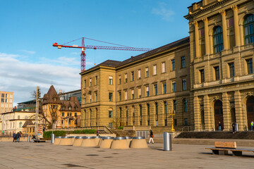 Fototapeta premium ETH Zurich Hauptgebaude , public research university and observation desk in Zurich during autumn , winter cloudy day : Zurich , Switzerland : December 6 , 2019