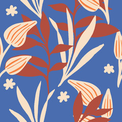 Tropical floral Abstract seamless pattern. Blossom flowers and botanical branch leaves element. Trendy contemporary collage art. 