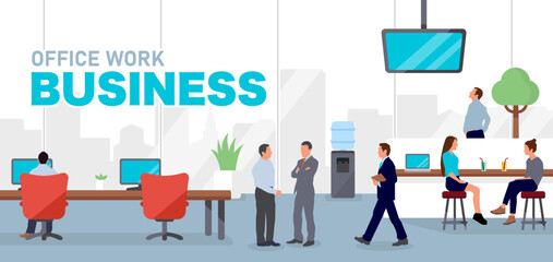 Modern office and workers horizontal vector illustration