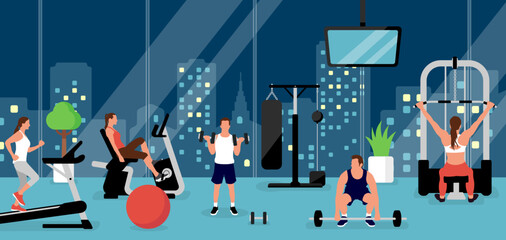 People working out at the gym.  Horizontal vector  banner illustration (Evening)