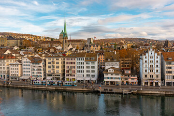 Lindenhof  hills , garden and observation desk in old town of Zurich during autumn , winter sunny day : Zurich , Switzerland : December 6 , 2019