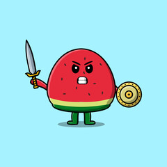 Cute cartoon character Watermelon holding sword and shield in modern style design