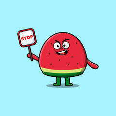 Cute Cartoon mascot illustration Watermelon with stop sign board vector drawing   