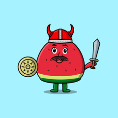 Cute cartoon character Watermelon viking pirate with hat and holding sword and shield illustration