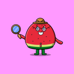Cute cartoon character Watermelon detective is searching with magnifying glass   