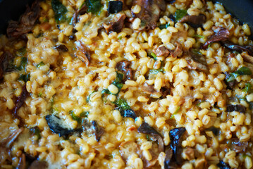 Golden orzotto with pearl barley preparing in pan.
