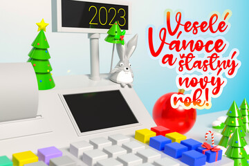 Background with a cash register surrounded by Christmas trees and decorations with the inscription Merry Christmas and happy new year in Czech. Template on the theme of holidays in shops and retail