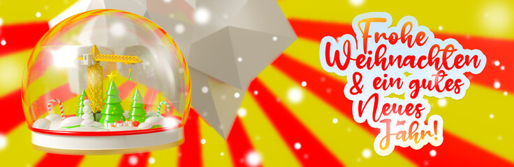 Narrow background with the text Merry Christmas and Happy New Year in German on the theme of building construction. Festive banner with a construction crane, Christmas trees and snow in a snow globe.